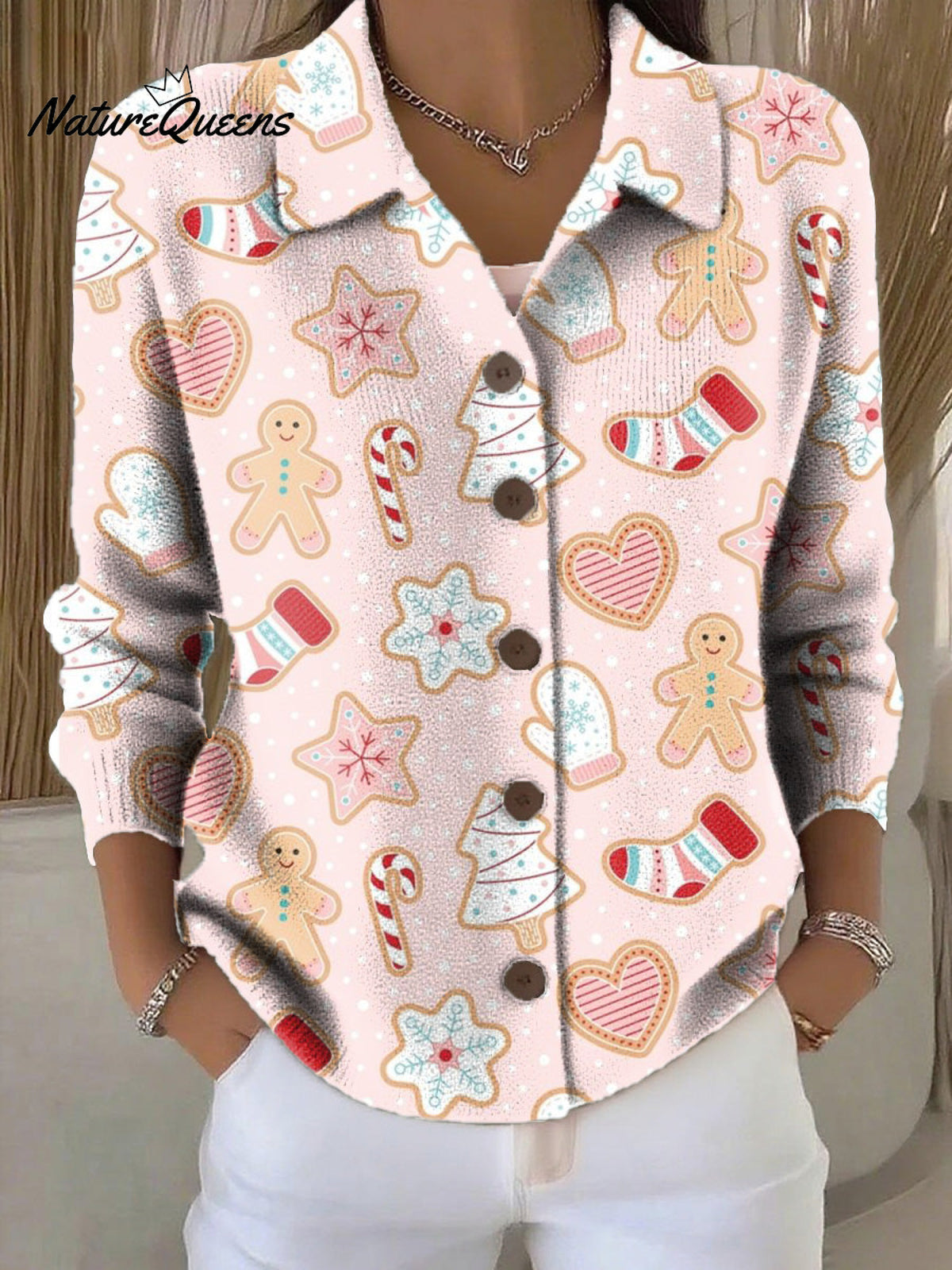 Women's Merry Christmas Pattern Drawing Art Print Cowl Neck Sweater