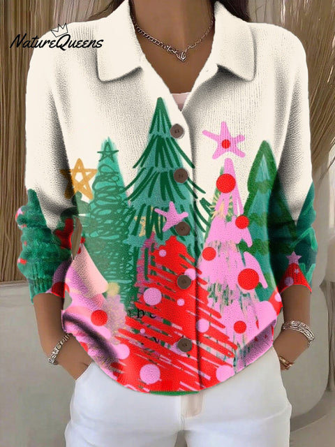 Women's Beautiful Colorful Christmas Tree Painting Art Print Cowl Neck Sweater