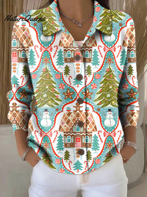 Women's Beautiful Christmas Tree House Painting Art Print Cowl Neck Sweater