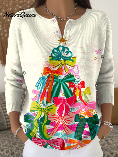 Beautiful Colorful Christmas Tree Painting Art Print Buttoned Cardigan Sweater