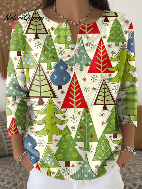 Beautiful Colorful Christmas Tree Painting Art Print Buttoned Cardigan Sweater