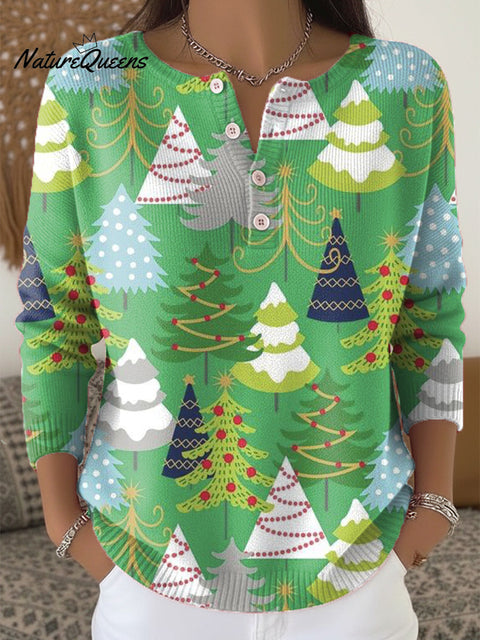 Beautiful Colorful Christmas Tree Painting Art Print Buttoned Cardigan Sweater