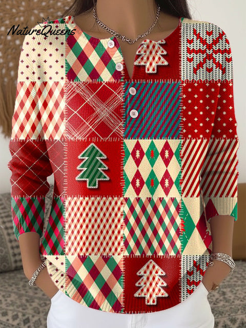 Merry Christmas Christmas Tree Plaid Art Print Buttoned Cardigan Sweater