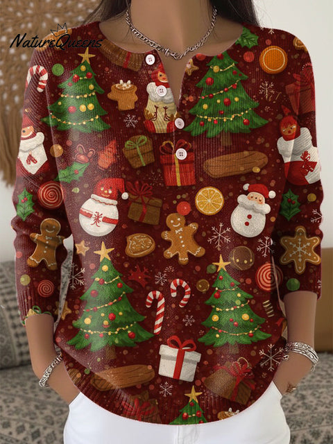 Merry Christmas Christmas Pattern Painting Art Print Buttoned Cardigan Sweater