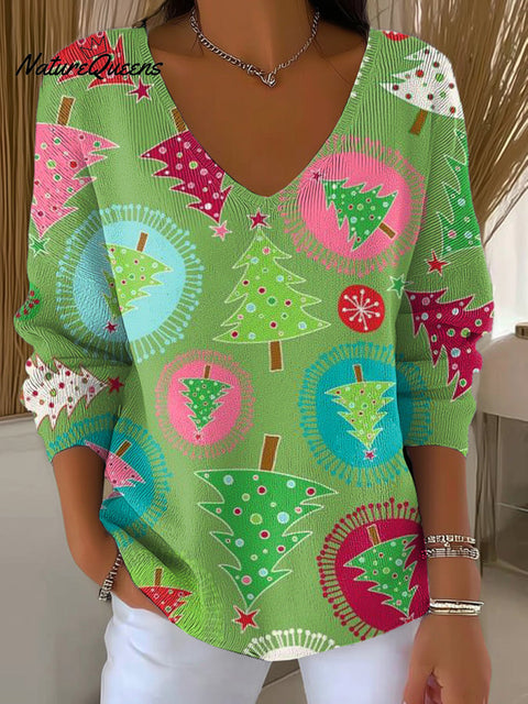 Women's Merry Christmas Colorful Christmas Tree Art Print Casual Pullover Sweater
