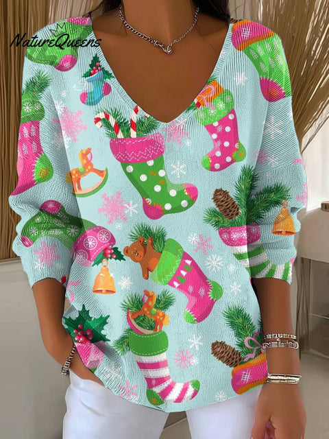 Women's Merry Christmas Colorful Christmas Socks Art Print Casual Pullover Sweater