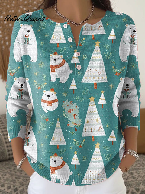 Beautiful Winter Bear Christmas Tree Drawing Art Print Buttoned Cardigan Sweater