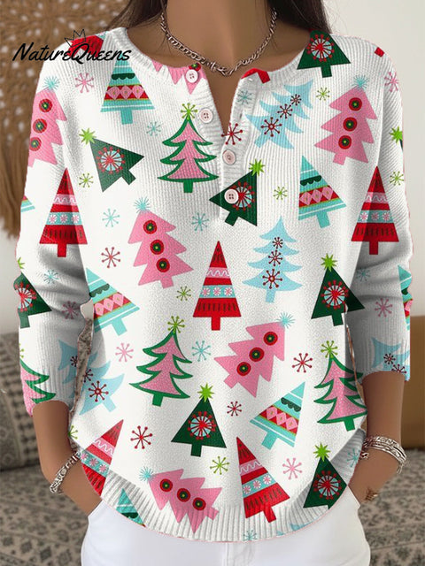Beautiful Colorful Christmas Tree Painting Art Print Buttoned Cardigan Sweater