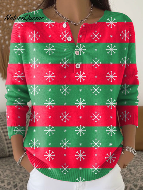 Red And Green Striped Snowflake Art Print Buttoned Cardigan Sweater