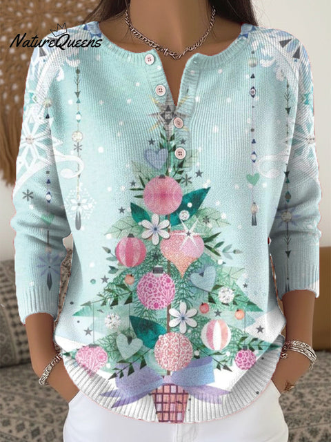 Beautiful Christmas Tree Gift Painting Art Print Buttoned Cardigan Sweater