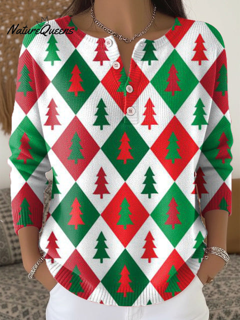 Beautiful Red And Green Christmas Tree Diamond Check Art Print Buttoned Cardigan Sweater