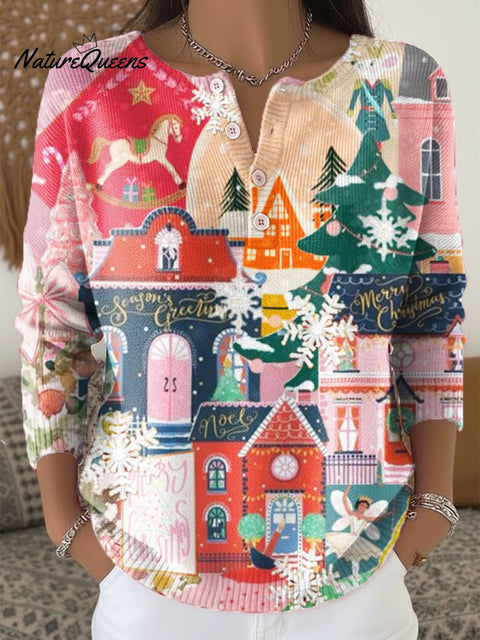 Beautiful Colorful Winter House Christmas Tree Landscape Painting Art Print Buttoned Cardigan Sweater