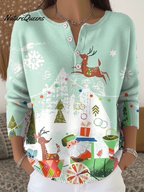 Beautiful Colorful Santa Claus Giving Gifts Art Print Buttoned Cardigan Sweater