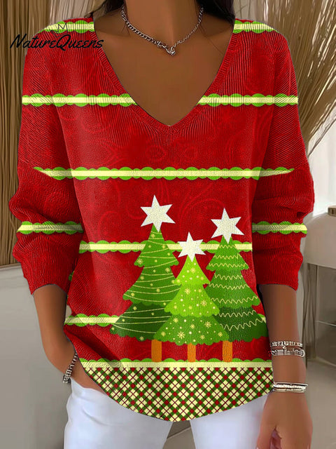 Women's Beautiful Cute Christmas Tree Drawing Art Print Casual Pullover Sweater