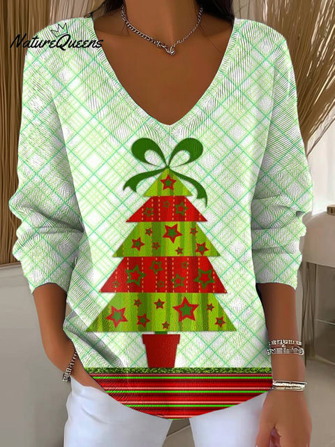 Women's Beautiful Cute Christmas Tree Drawing Art Print Casual Pullover Sweater