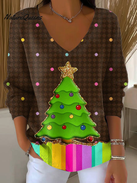 Women's Beautiful Cute Christmas Tree Drawing Art Print Casual Pullover Sweater