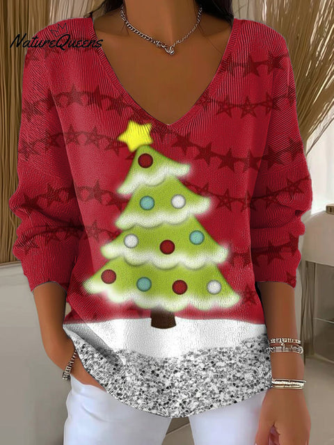 Women's Beautiful Cute Christmas Tree Drawing Art Print Casual Pullover Sweater