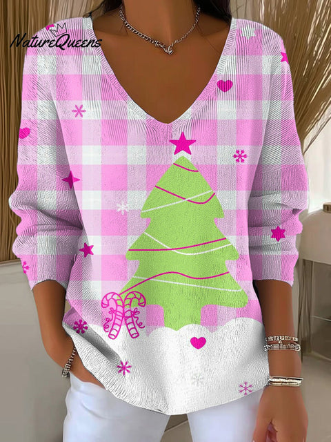 Women's Beautiful Cute Christmas Tree Drawing Art Print Casual Pullover Sweater