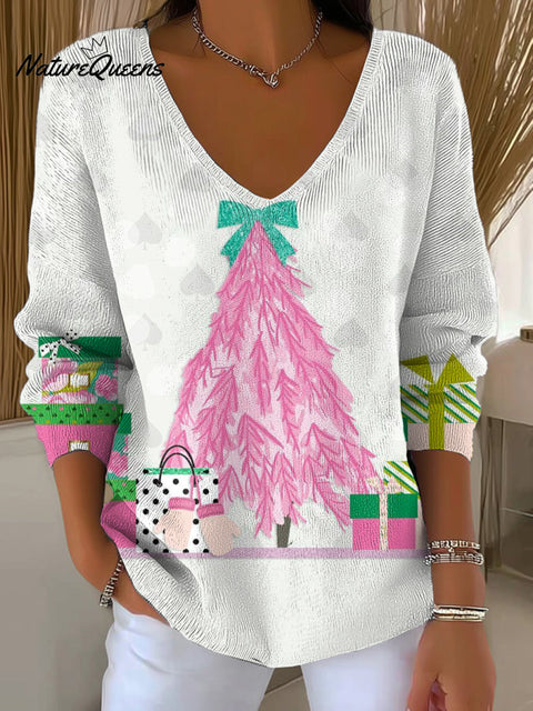 Women's Beautiful Cute Christmas Tree Gift Painting Art Print Casual Pullover Sweater