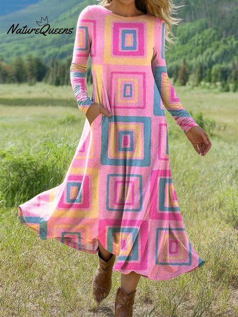 Women's Beautiful Colorful Geometric Painting Art Print Long-sleeved Dress