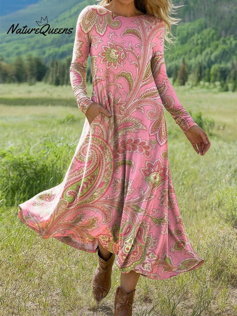 Women's Beautiful Ethnic Paisley Pattern Drawing Art Print Long-sleeved Dress