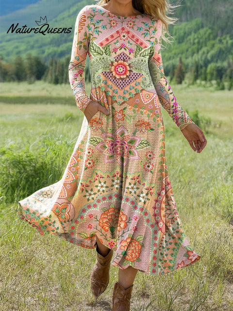 Women's Beautiful Ethnic Floral Geometric Art Print Long-sleeved Dress