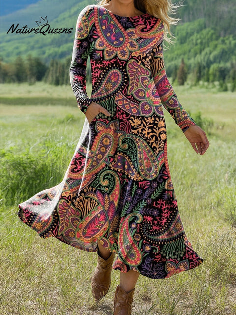 Women's Beautiful Ethnic Paisley Art Print Long-sleeved Dress