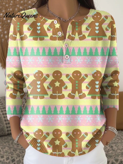 Beautiful Merry Christmas Cookie Man Painting Art Print Buttoned Cardigan Sweater