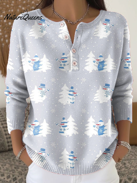 Beautiful Winter Snowman Christmas Tree Painting Art Print Buttoned Cardigan Sweater