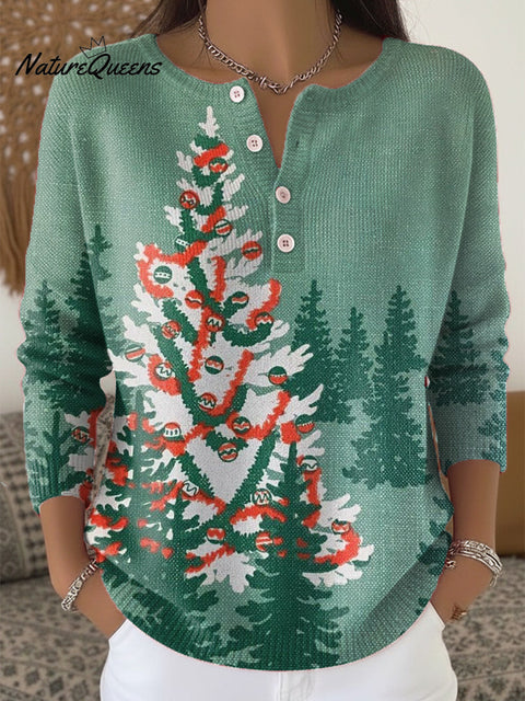 Beautiful Winter Christmas Tree Painting Art Print Buttoned Cardigan Sweater