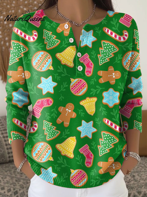 Beautiful Winter Merry Christmas Pattern Painting Art Print Buttoned Cardigan Sweater