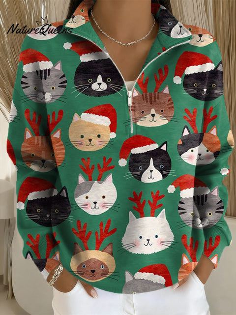 Beautiful Cute Merry Christmas Cat Head Painting Art Print Casual Long Sleeve Zip Sweatshirt