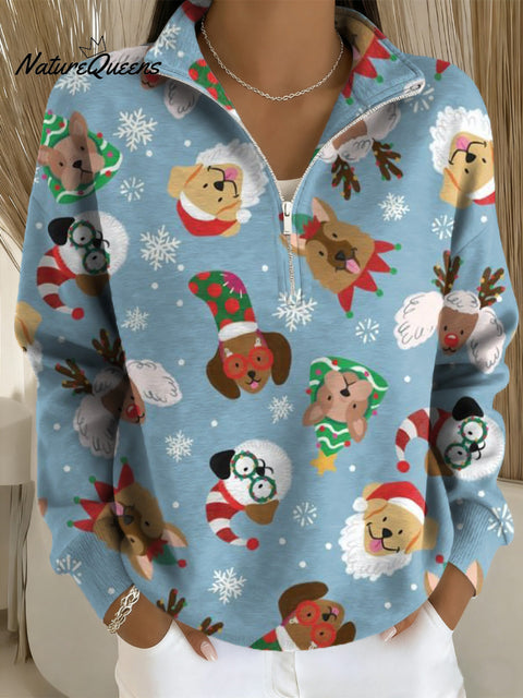 Beautiful Cute Merry Christmas Dog Head Painting Art Print Casual Long Sleeve Zip Sweatshirt