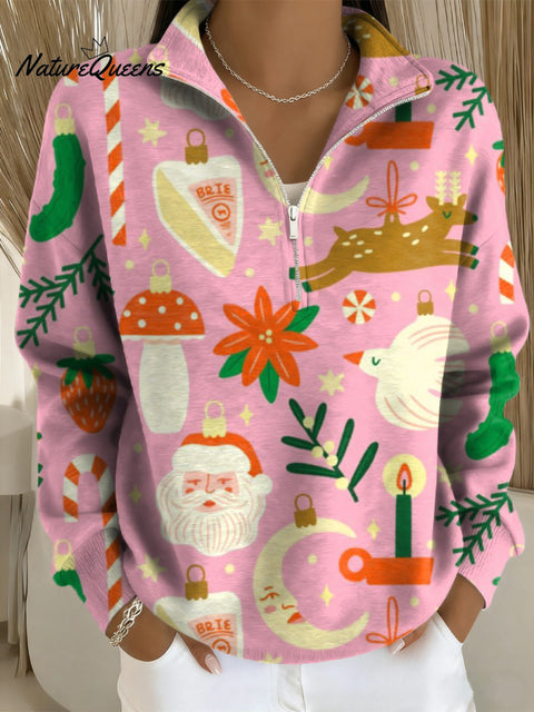 Beautiful Cute Merry Christmas Pattern Painting Art Print Casual Long Sleeve Zip Sweatshirt