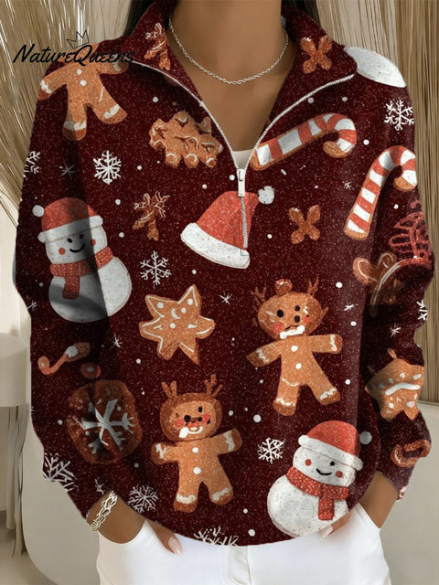 Beautiful Cute Merry Christmas Pattern Painting Art Print Casual Long Sleeve Zip Sweatshirt