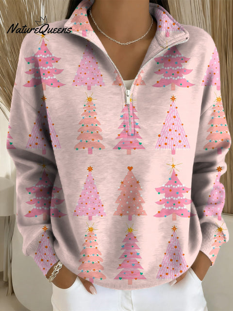 Beautiful Cute Pink Christmas Tree Drawing Art Print Casual Long Sleeve Zip Sweatshirt