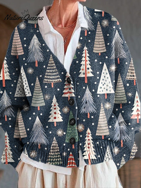 Beautiful Christmas Tree Painting Art Print Buttoned V-neck Cardigan Sweater