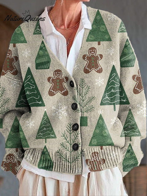 Beautiful Christmas Tree Gingerbread Man Painting Art Print Buttoned V-neck Cardigan Sweater
