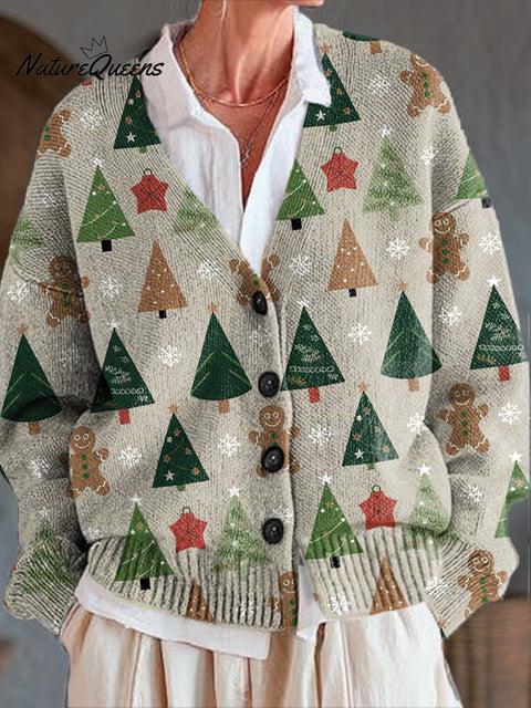 Beautiful Christmas Tree Gingerbread Man Painting Art Print Buttoned V-neck Cardigan Sweater
