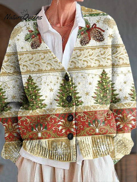 Beautiful Christmas Tree Ethnic Floral Painting Art Print Buttoned V-neck Cardigan Sweater