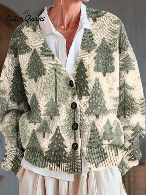 Beautiful Christmas Tree Painting Art Print Buttoned V-neck Cardigan Sweater