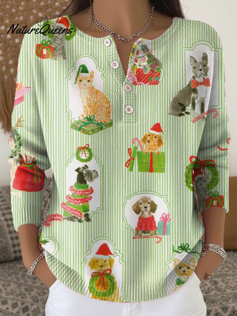 Beautiful Merry Christmas Cat And Dog Painting Art Print Buttoned Cardigan Sweater