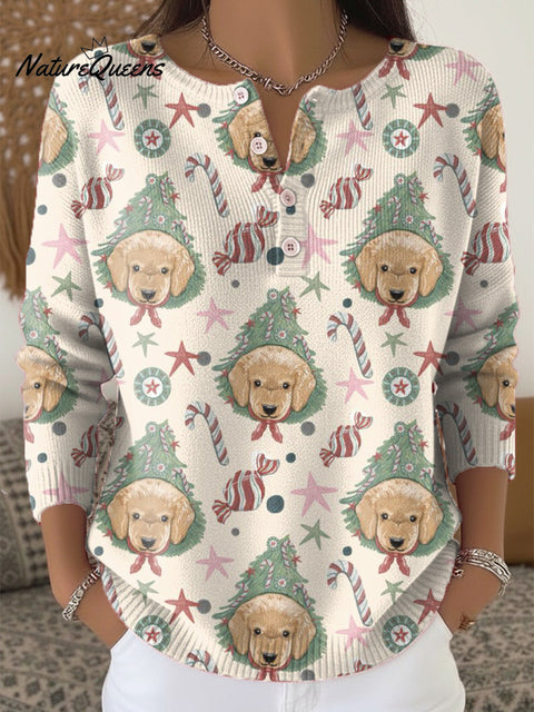 Beautiful Merry Christmas Dog Painting Art Print Buttoned Cardigan Sweater