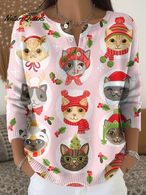 Beautiful Merry Christmas Cat Painting Art Print Buttoned Cardigan Sweater
