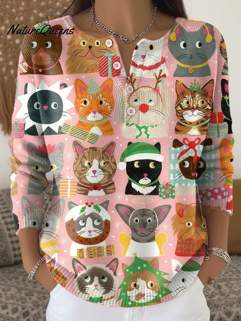 Beautiful Merry Christmas Cat Painting Art Print Buttoned Cardigan Sweater