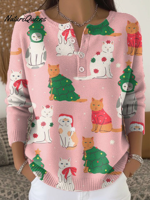 Beautiful Merry Christmas Cat Painting Art Print Buttoned Cardigan Sweater
