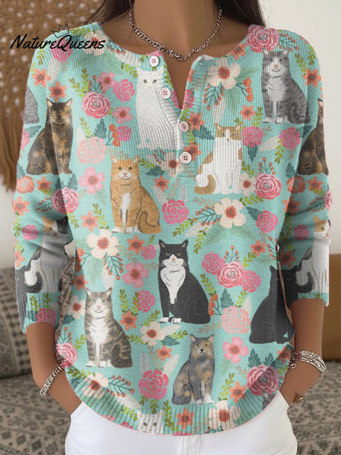 Beautiful Flowers And Cats Painting Art Print Buttoned Cardigan Sweater
