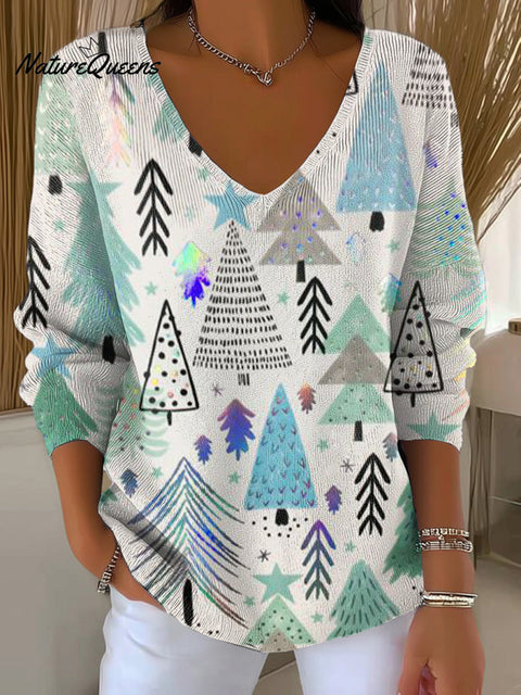 Women's Abstract Beautiful Christmas Tree Painting Art Print Casual Pullover Sweater