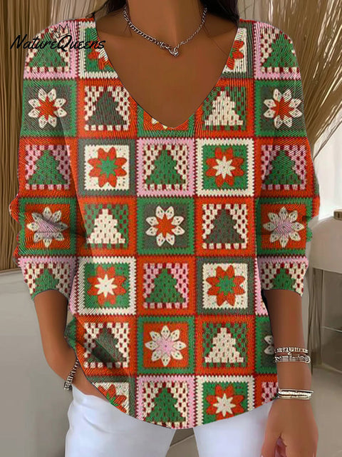 Women's Beautiful Christmas Tree Plaid Painting Art Print Casual Pullover Sweater