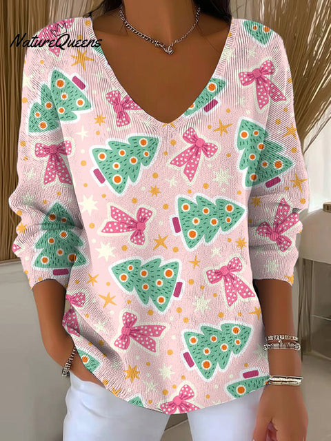 Women's Merry Christmas Beautiful Christmas Tree Bow Painting Art Print Casual Pullover Sweater